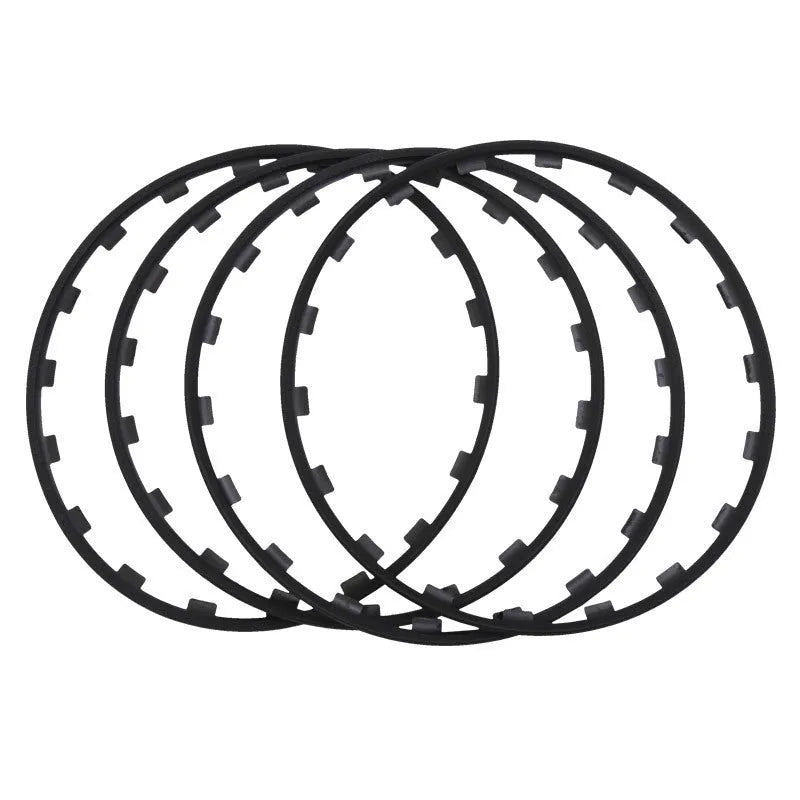 Set of four coloured nylon wheel hub protection rings for alloy wheels.