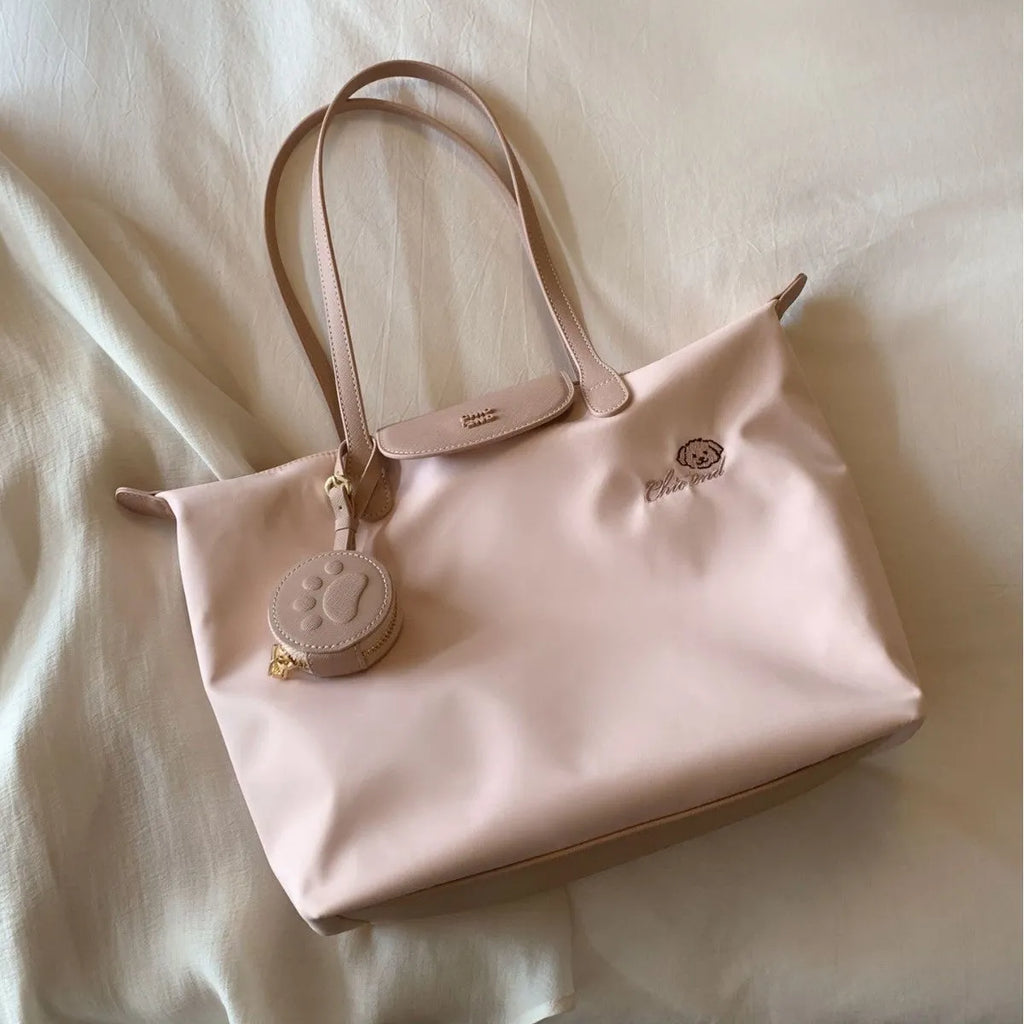 Oxford cloth tote shoulder bag with sandwich pockets in pink and beige colour options