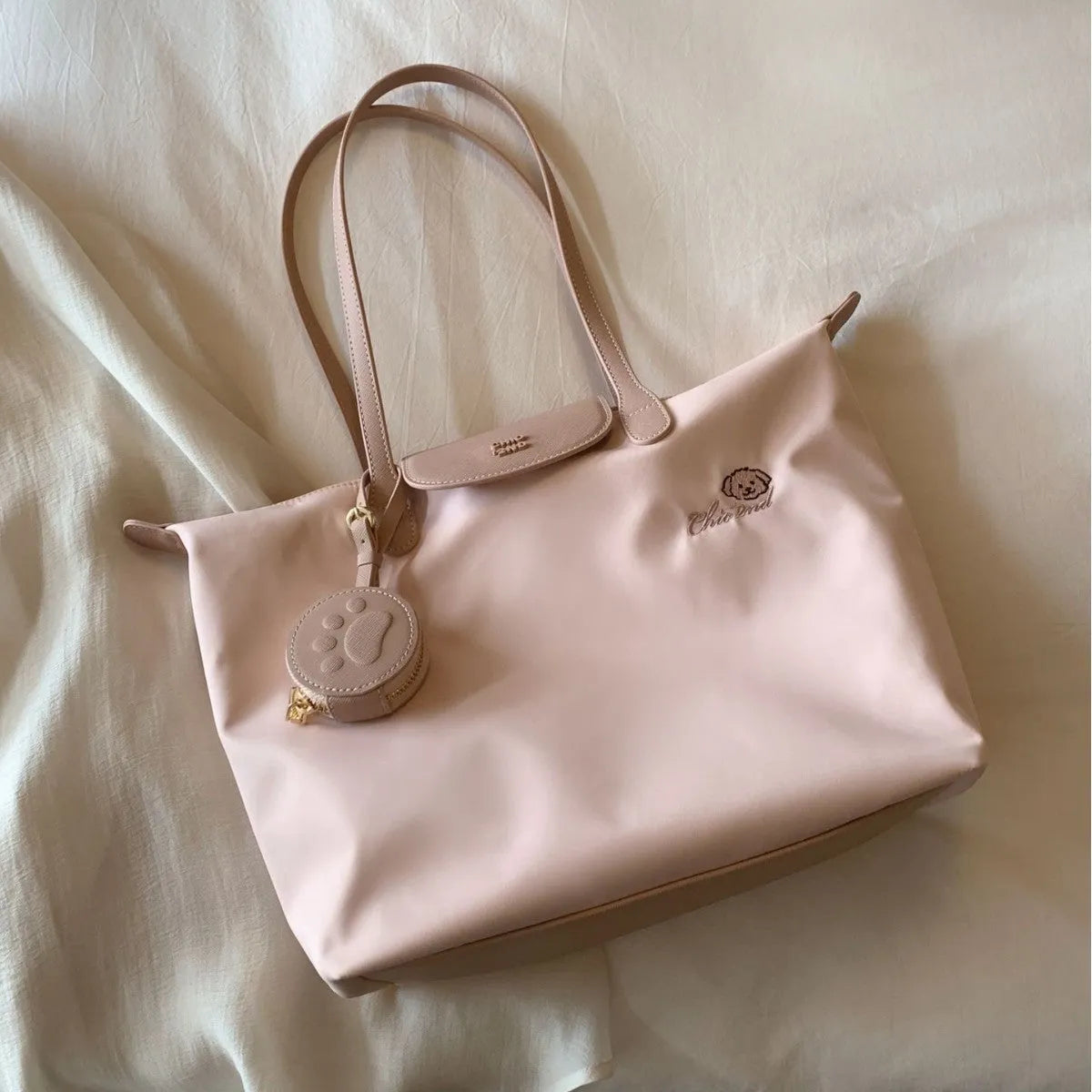 Oxford cloth tote shoulder bag with sandwich pockets in pink and beige colour options