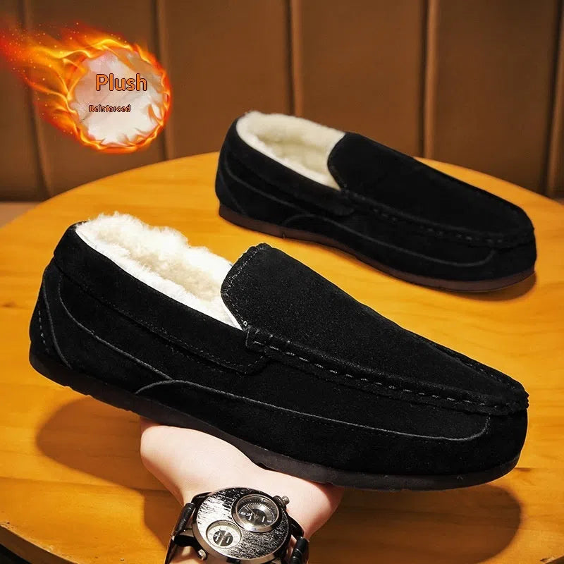 Men's loafer-style casual slip-on shoes with synthetic PU upper in black, round toe design