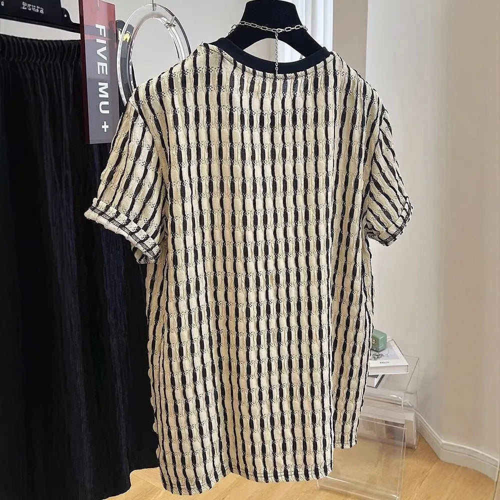 Men's black striped casual short sleeve shirt in loose fit linen-silk blend fabric