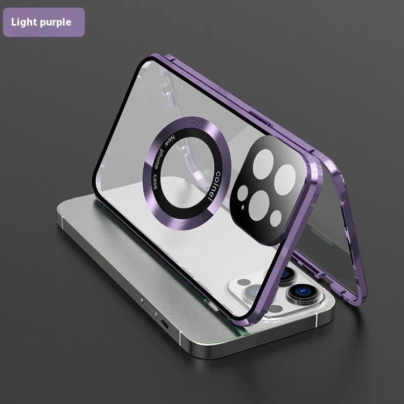 Metal phone case with anti-peep privacy screen for iPhone 16 Pro Max in black, magnetic wireless charger compatible