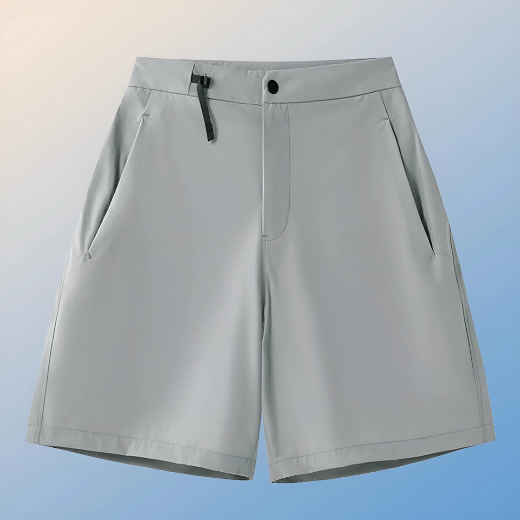 Man wearing khaki quick-drying sports shorts with a 3D cut, suitable for running.