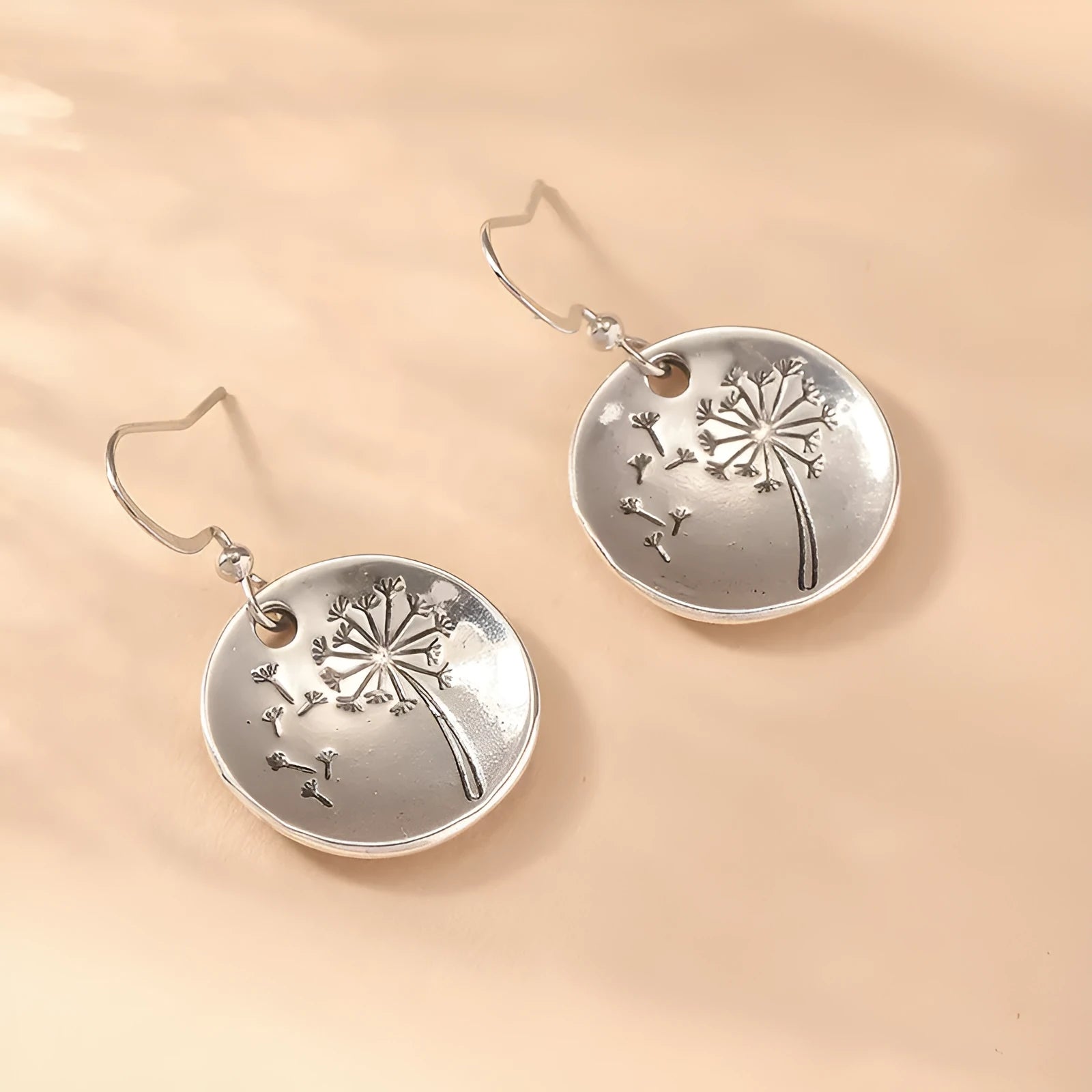 Round dandelion earrings in antique silver finish on zinc alloy for women