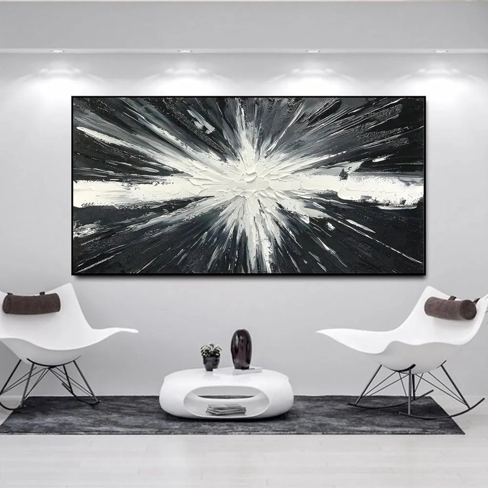 Handmade black and white abstract oil painting on canvas, horizontal orientation, modern living room wall art