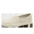 Men's beige linen cloth shoes with canvas upper and PVC sole on a plain background.