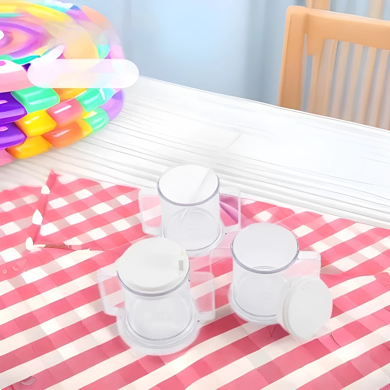 Transparent plastic drinking cup with a grey spill-proof lid on a white background.