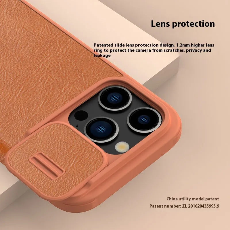 iPhone 15 imitation leather flip case in black, brown, and red colour options showing front cover design