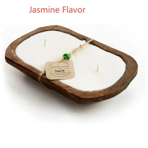 Retro lavender coloured wooden basin containing a soy wax aromatherapy candle with three wicks.