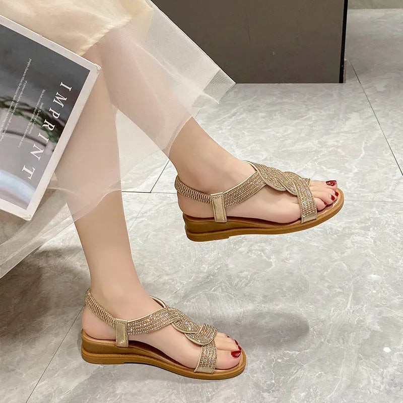 Women's fairy Roman sandals in gold with rhinestone decoration, fish mouth toe, and elastic band