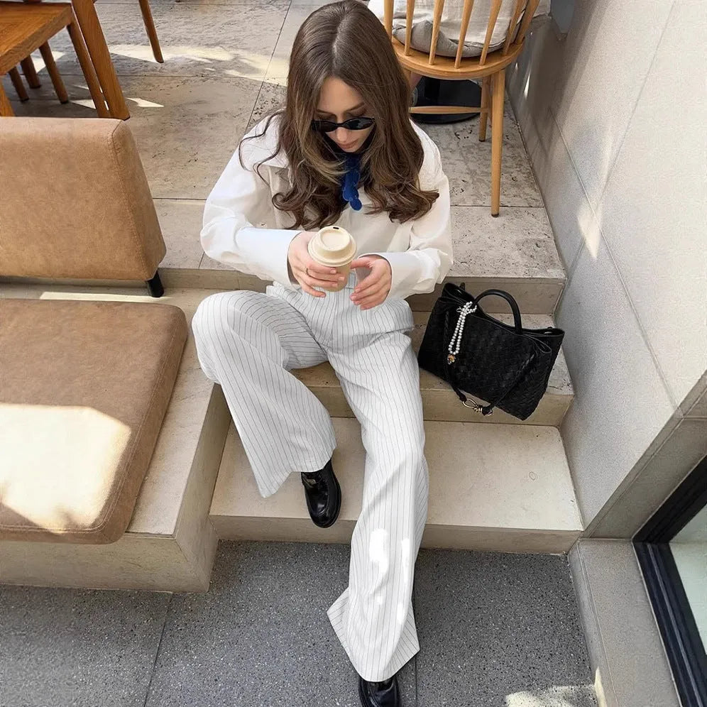 White striped wide-leg women's trousers with loose casual fit for office commuting