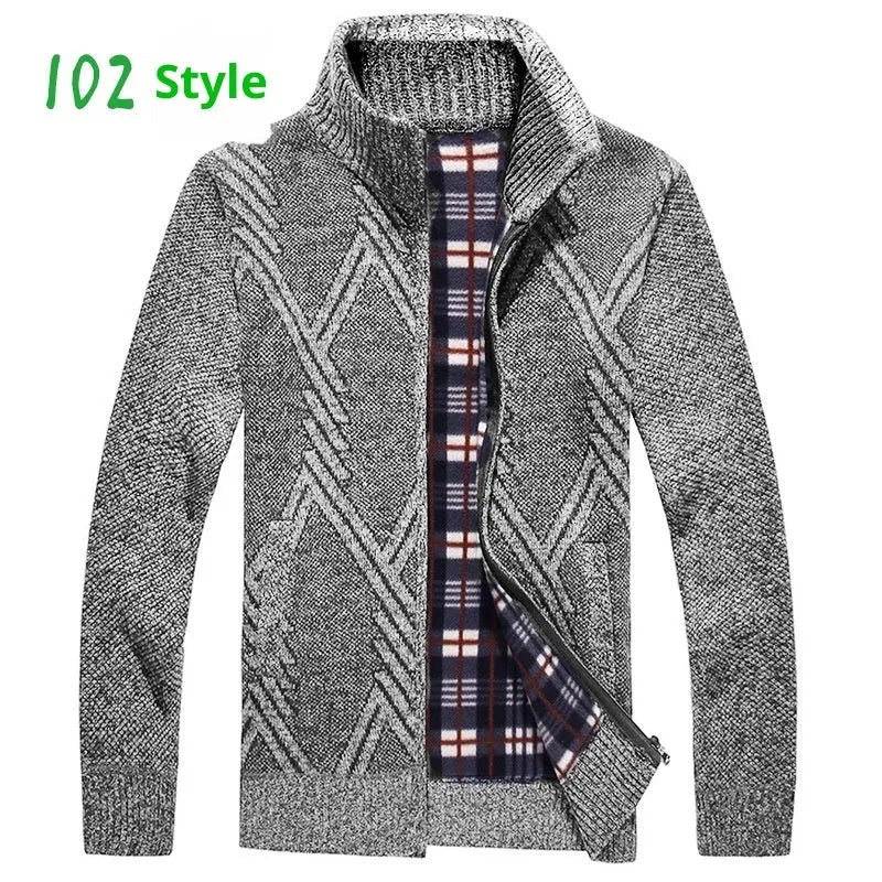 Men's thick cotton blend stand collar zipper cardigan sweater in light gray on model