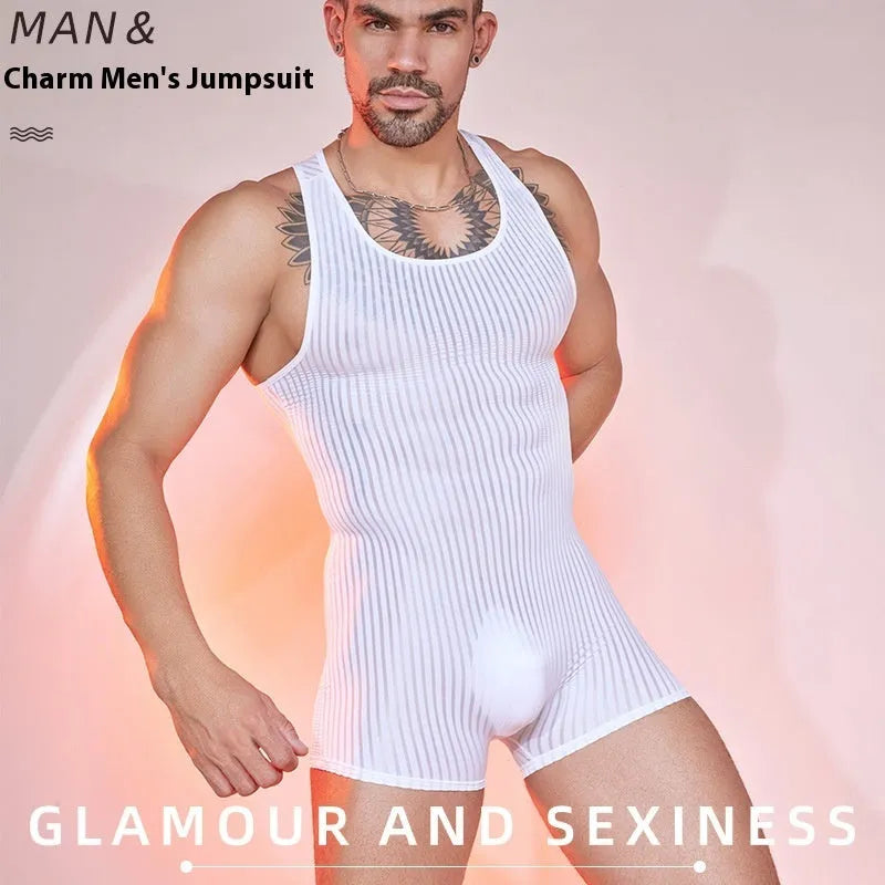 Men's striped nylon jumpsuit in black, dark grey, or white, showing vertical bar pattern.