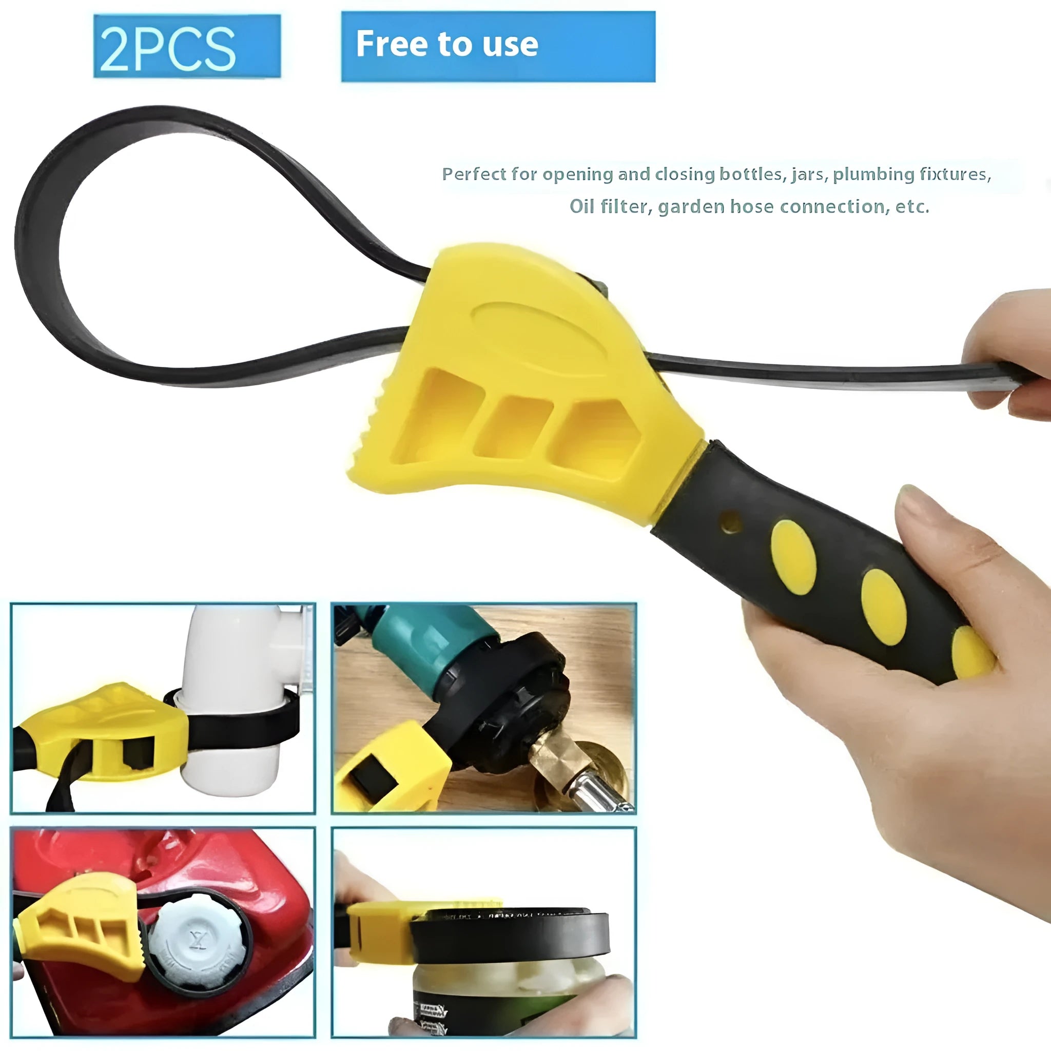 Adjustable rubber strap wrench in 6-inch and 8-inch sizes with plastic rubber strap and phosphated metal.