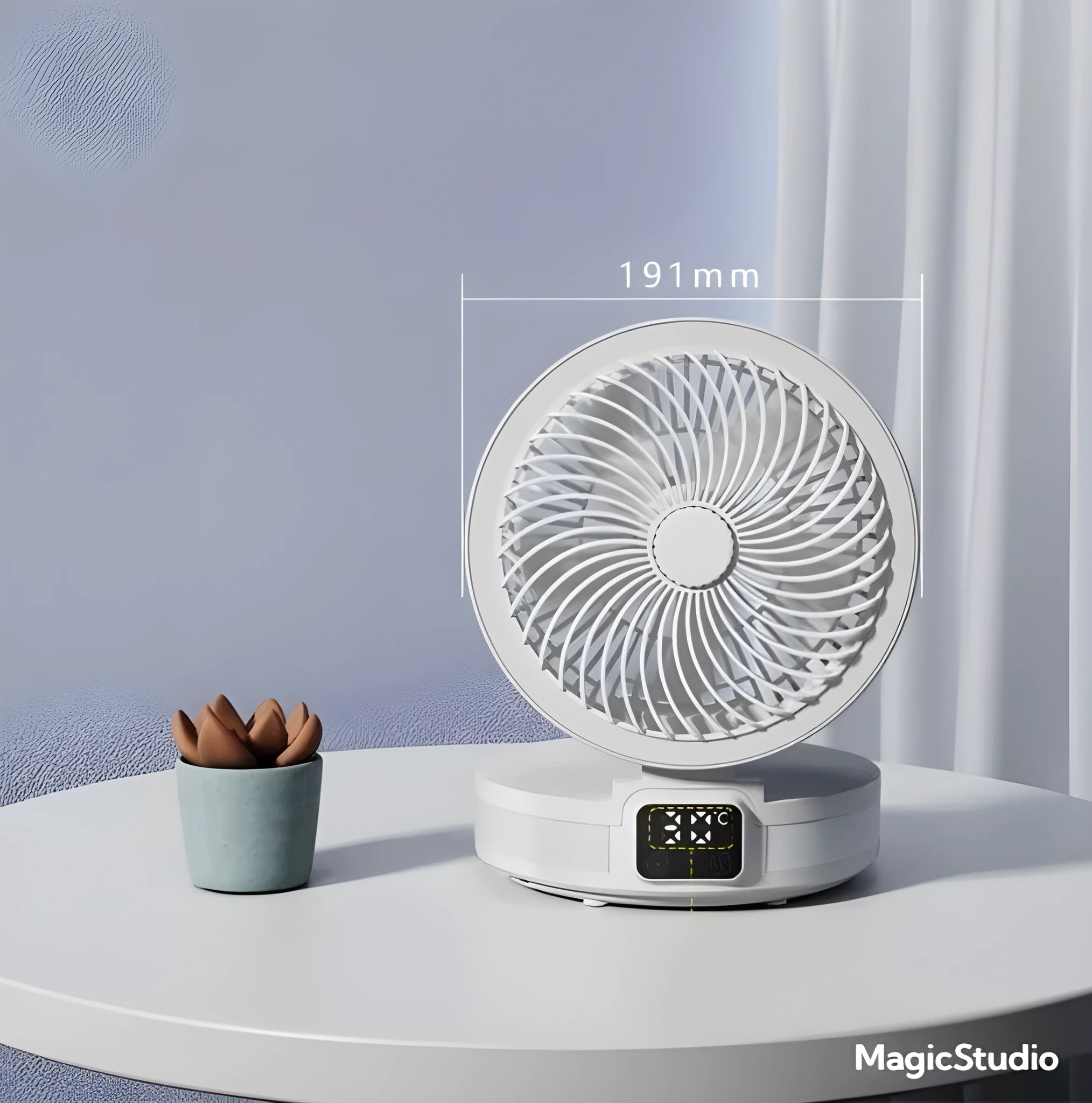 Portable 7-inch rechargeable folding desk fan with LED lamp and aromatherapy, white colour, placed on a table