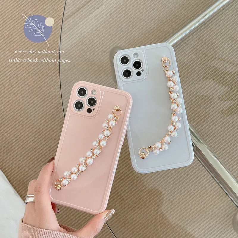 Rhinestone pearl bracelet silicone phone case for iPhone, pink and white colours, decorative design