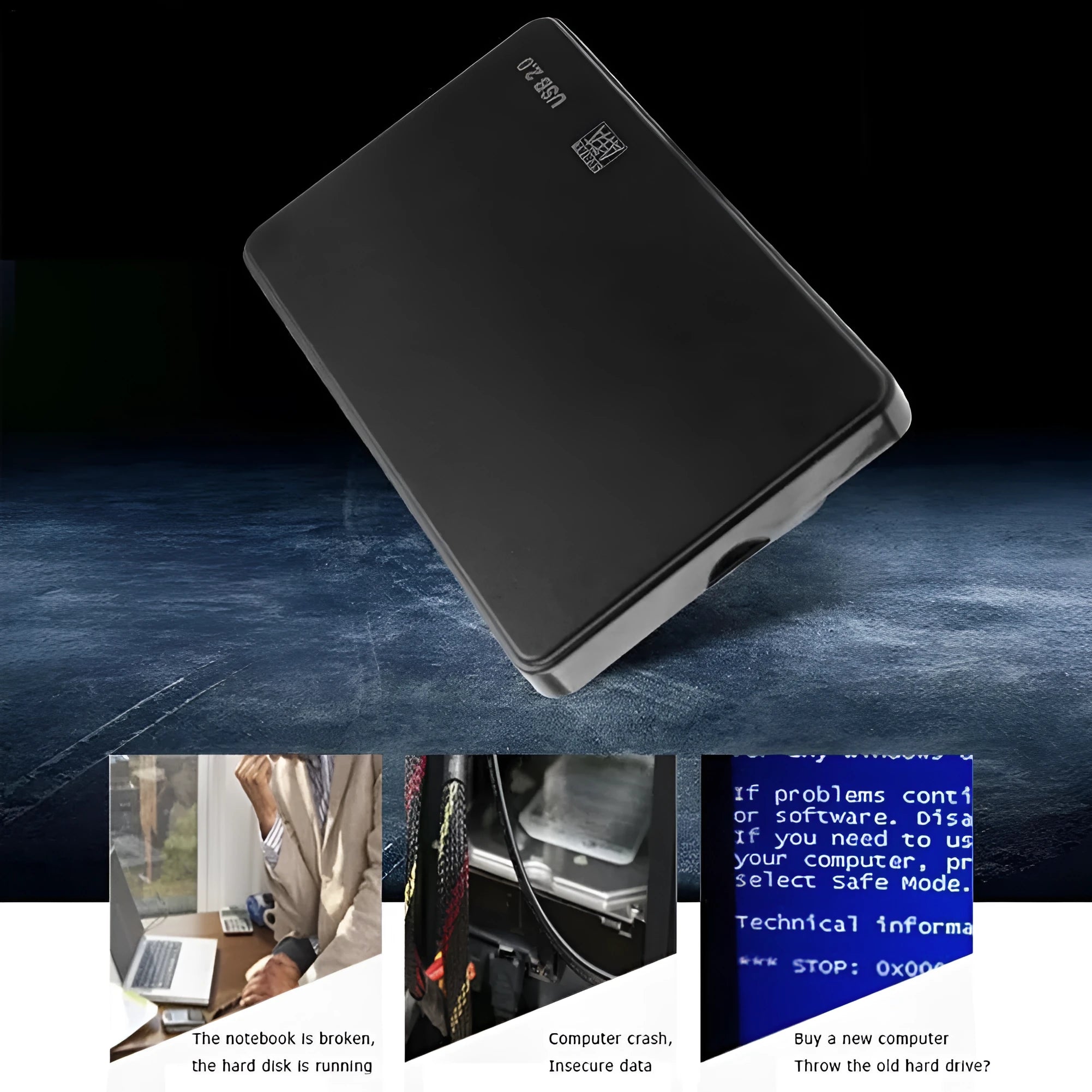 External hard drive with ABS plastic shell, indicator light, USB cable, storage bag, black colour