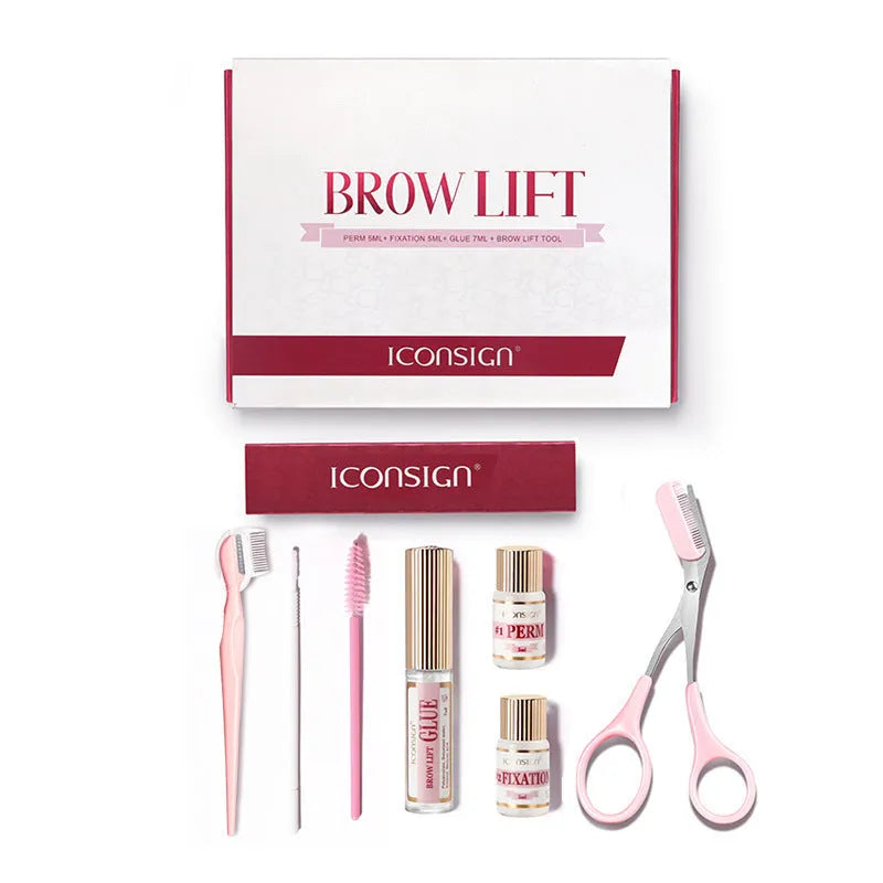 Pink eyebrow perm kit with scalding solution and tools for keratin treatments in suit-style packaging