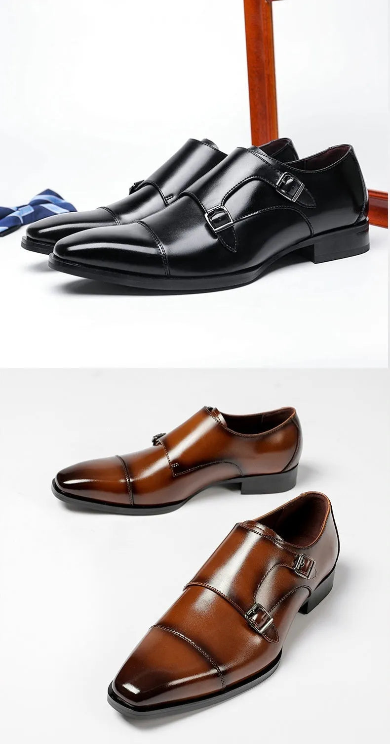 Men's black and light brown square-toe leather business casual shoes with low-top profile