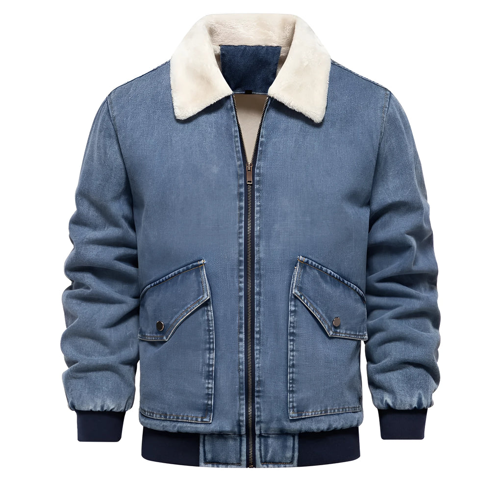 Men's plush denim jacket in dark blue with long sleeves and bag seam pockets