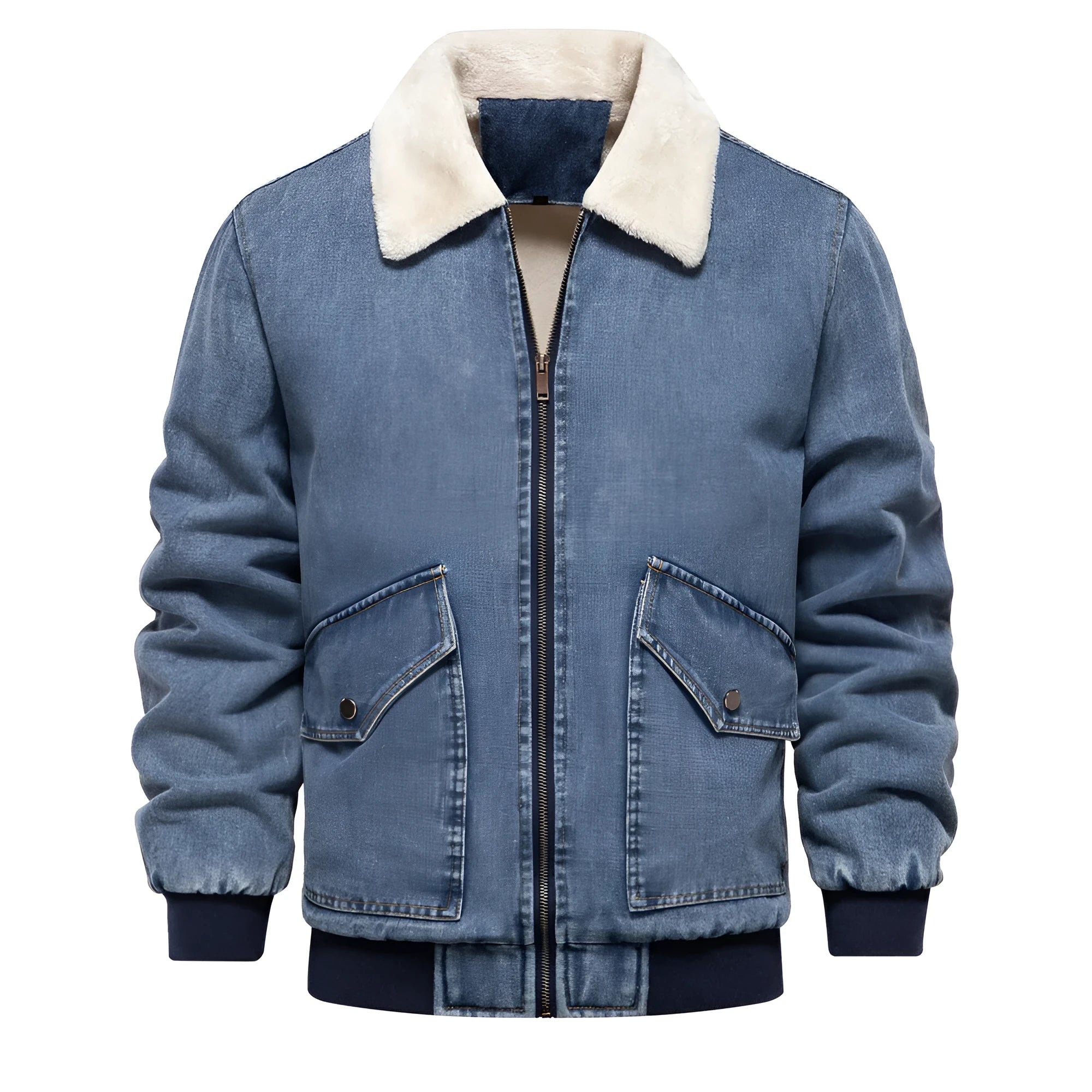 Men's plush denim jacket in dark blue with long sleeves and bag seam pockets