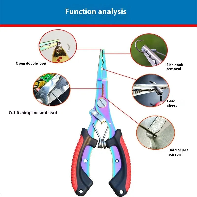 Medium stainless steel fishing pliers with a blue plastic handle, shown with a nylon carry bag and strap.