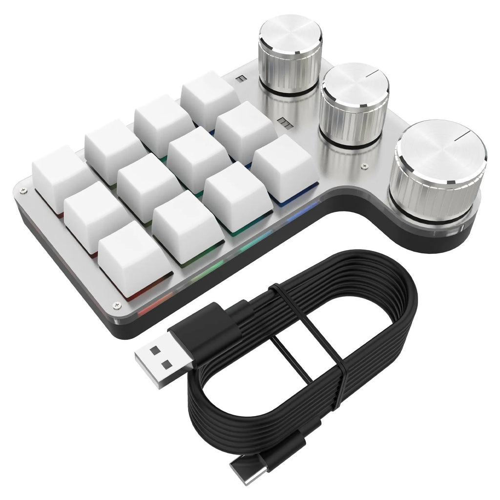 Bluetooth custom shortcut keyboard with 12 keys and 3 knobs, RGB lighting, black colour, placed on a desk