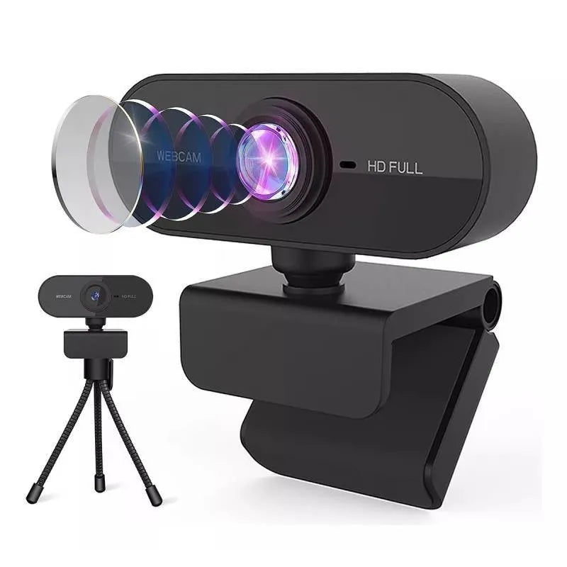 1080P USB webcam with rotatable microphone and HD objective lens in black