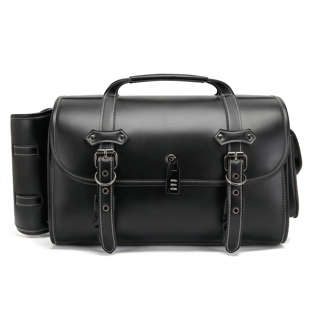 Dark punk style motorcycle tail bag with a built-in coded lock, made from PU material.