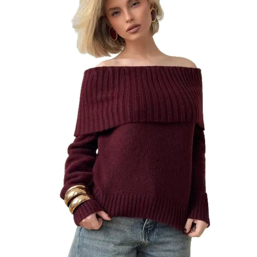 Grey strapless off-the-shoulder sweater with a 3D pattern on a mannequin.