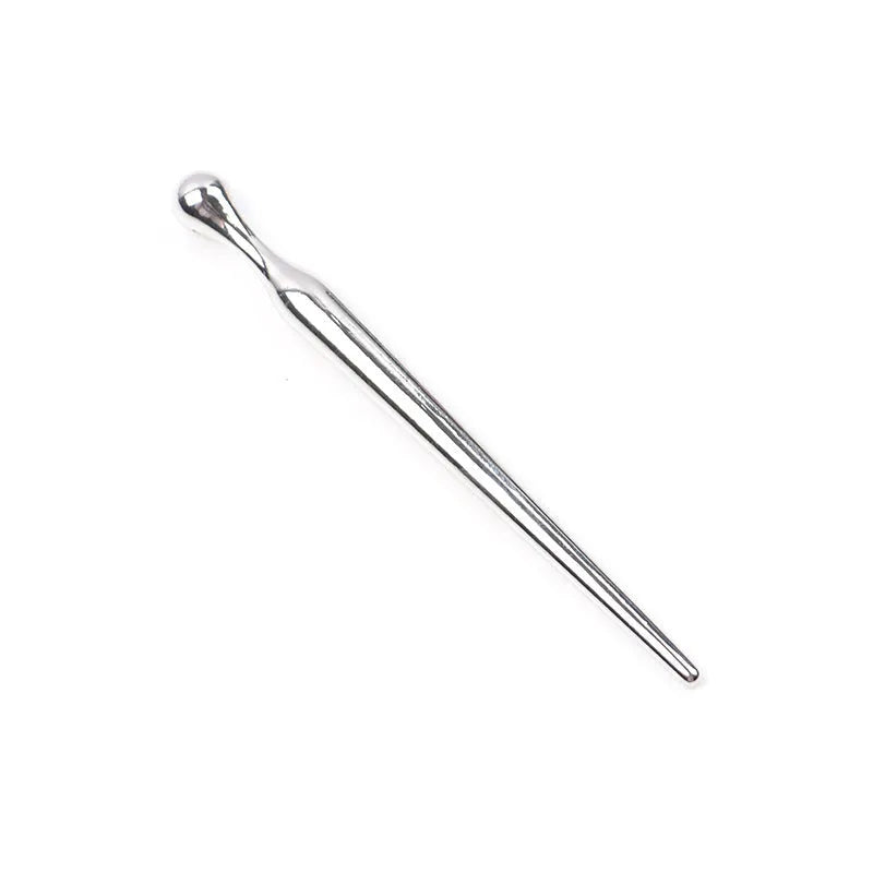 Silver metal urethral stimulation plug with round beads and a horse eye stick handle base.