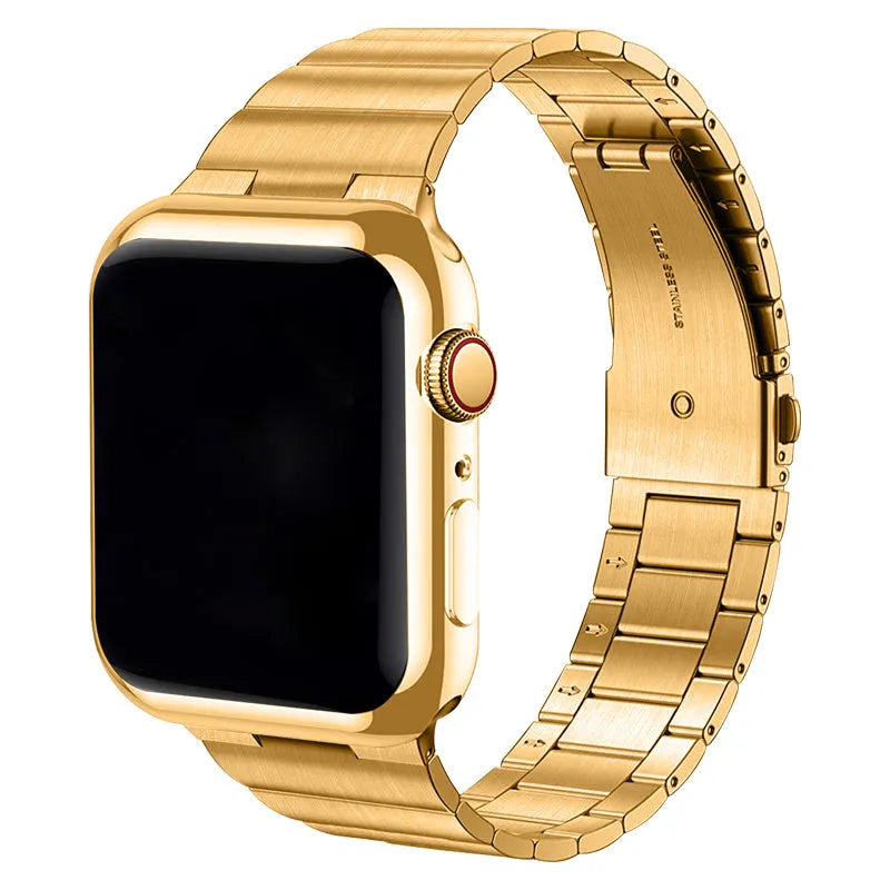Stainless steel metal watch band for iWatch 38mm to 49mm in silver finish on table