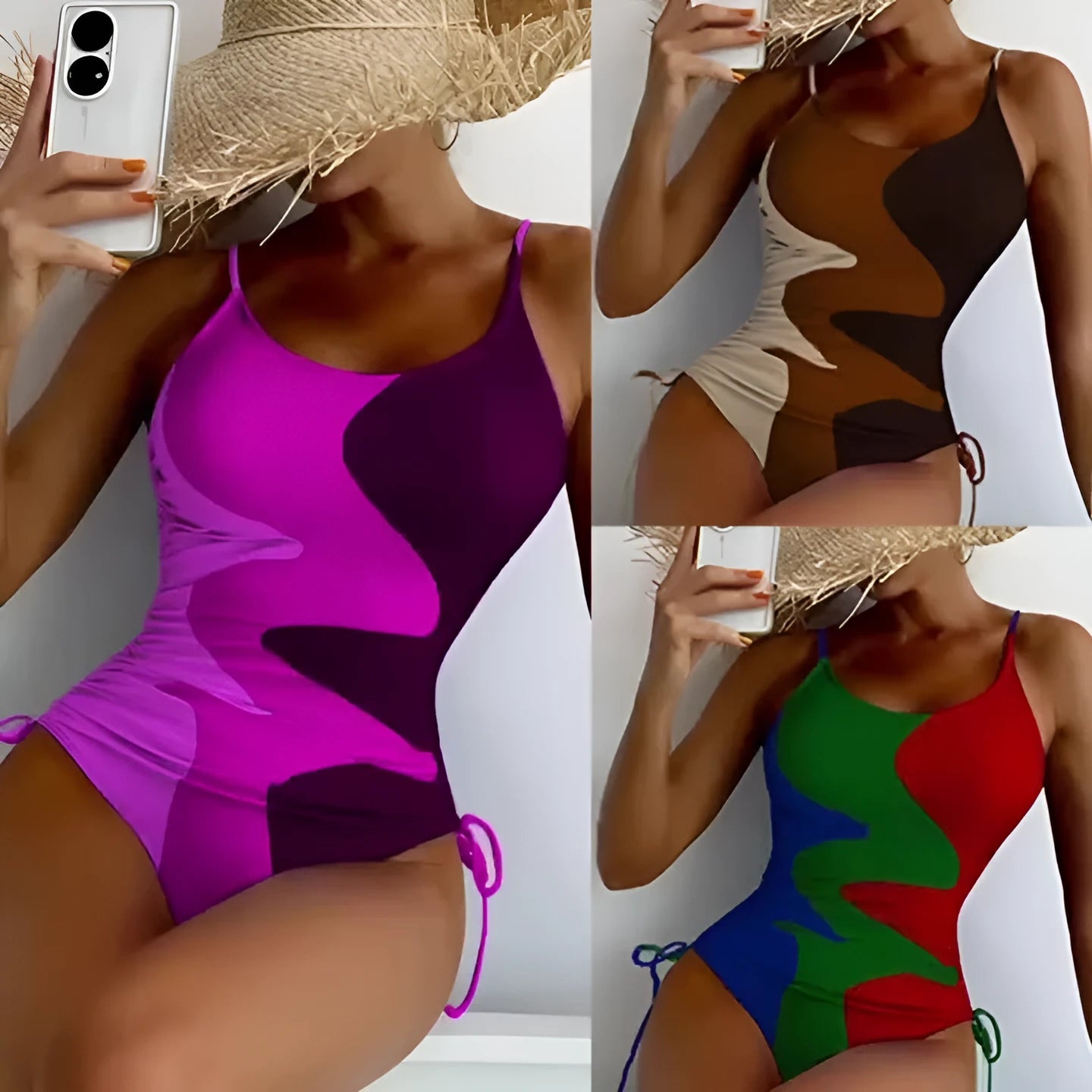 Women's sleeveless one-piece swimsuit in a choice of blue, purple, brown, or green colours.