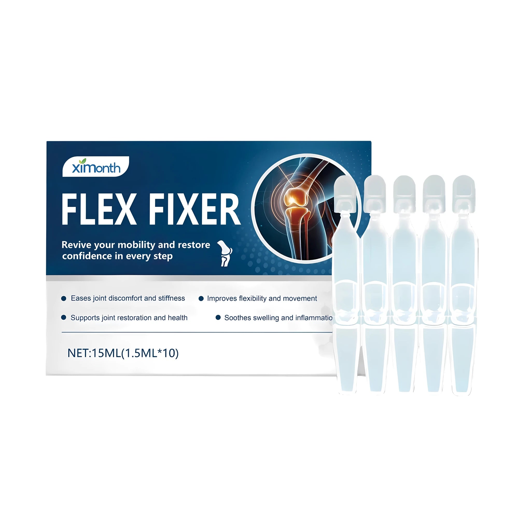 Flex Fixer 15ml roll-on gel bottle for topical joint care application.