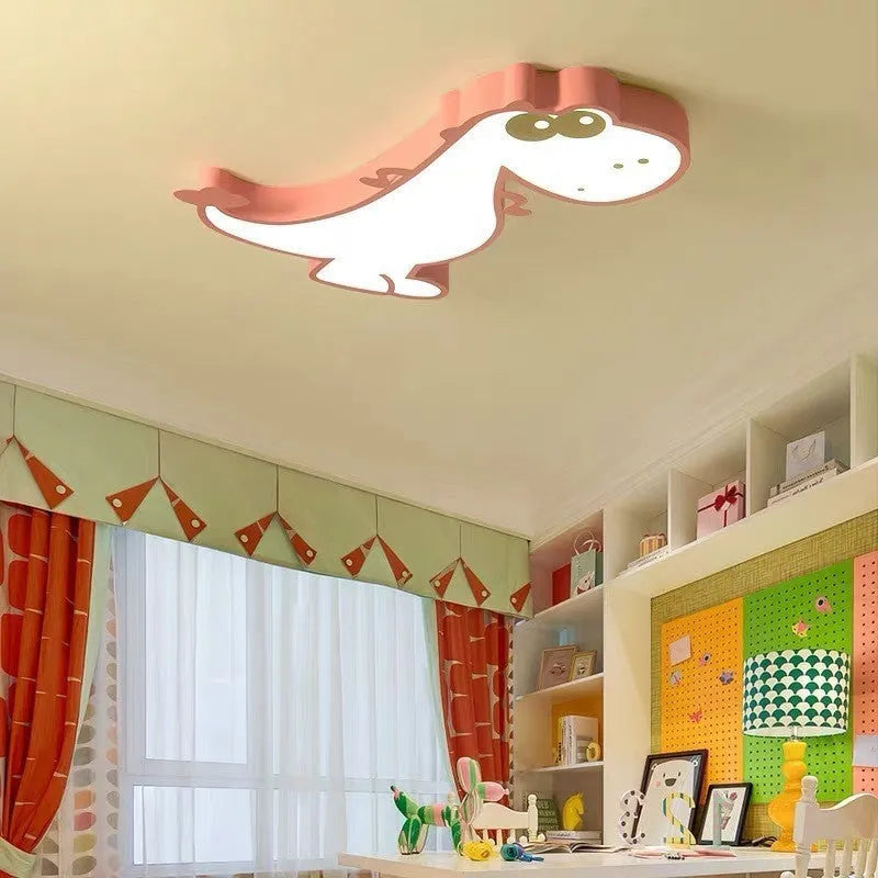 48cm cartoon dinosaur ceiling light with aluminium body and PVC shade, showing electrodeless dimming control.