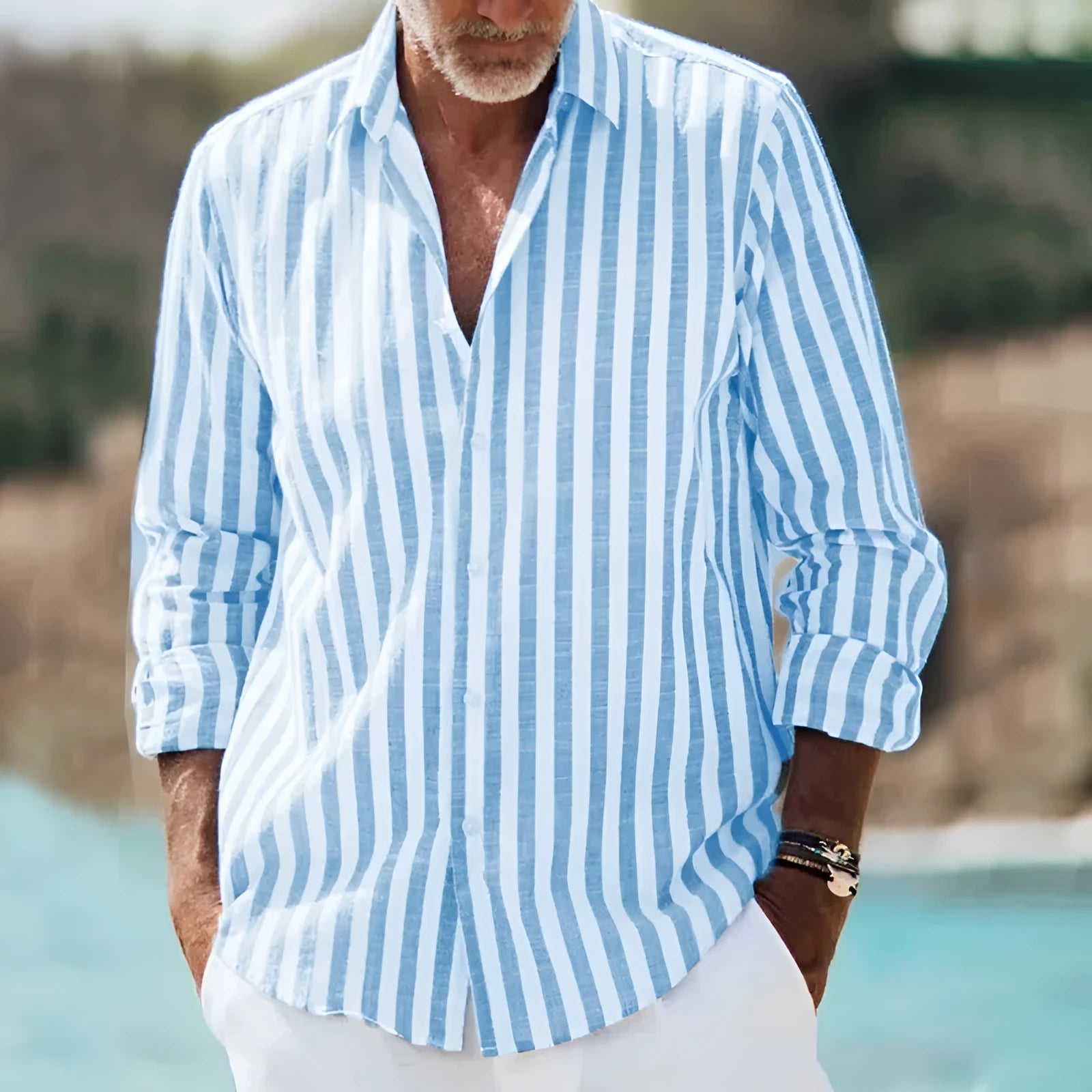 Man's loose-fitting 3D printed floral plaid shirt with a lapel collar, shown in a casual cardigan style.