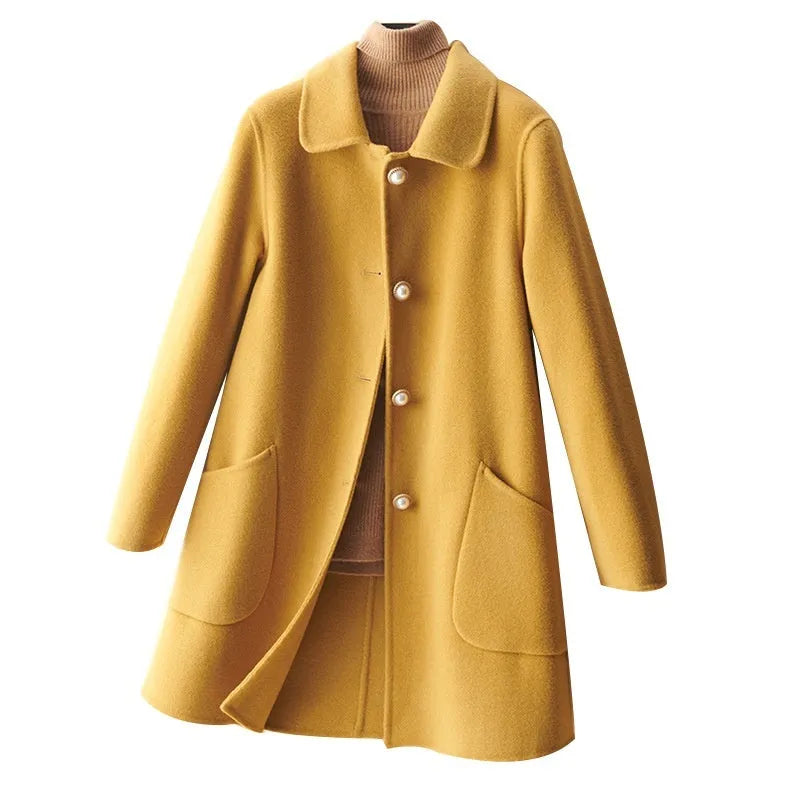 Women's double-faced wool coat with doll collar and pearl buckle in medium length