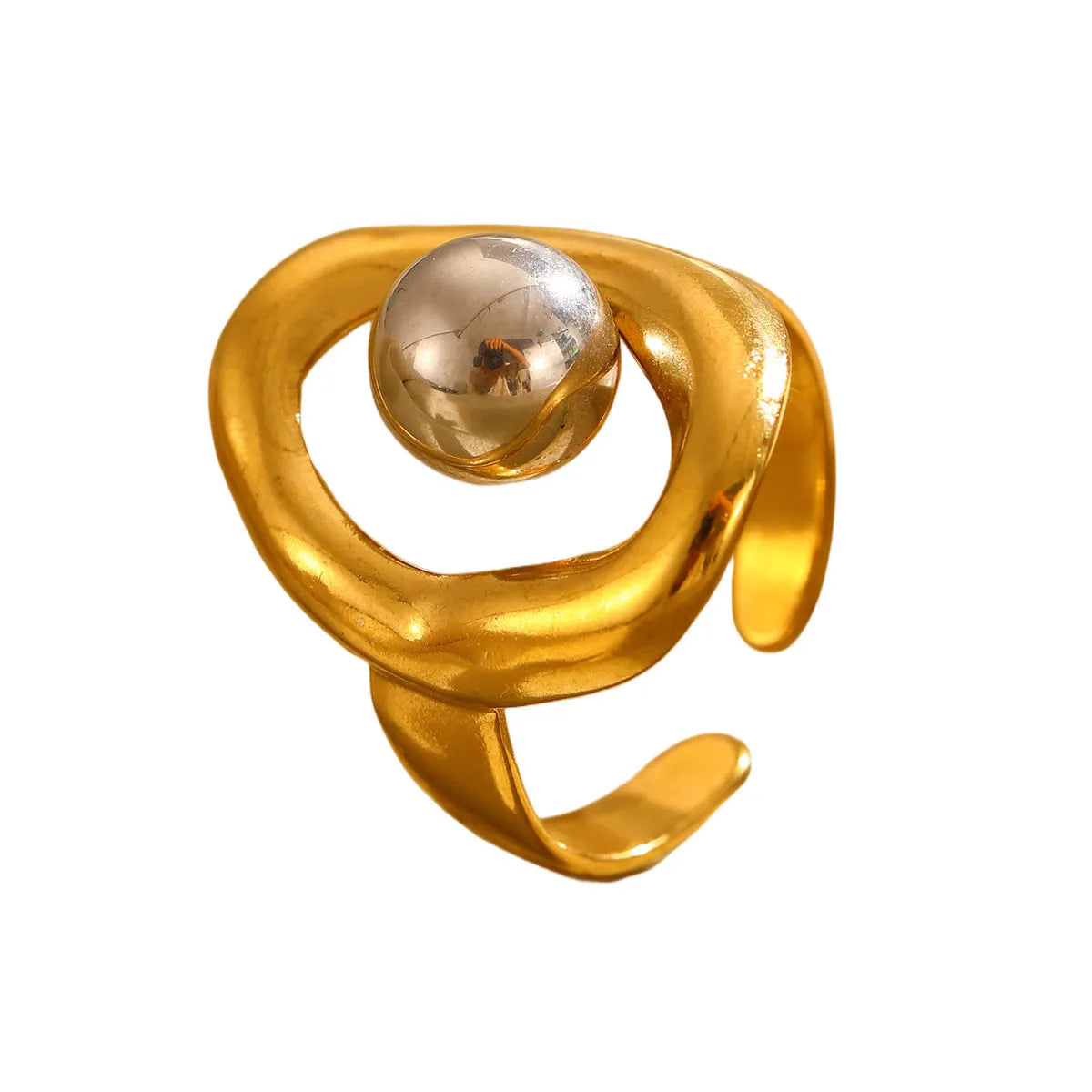 Geometric hollow line open ring in 304 stainless steel with 18K real gold finish, ellipse design
