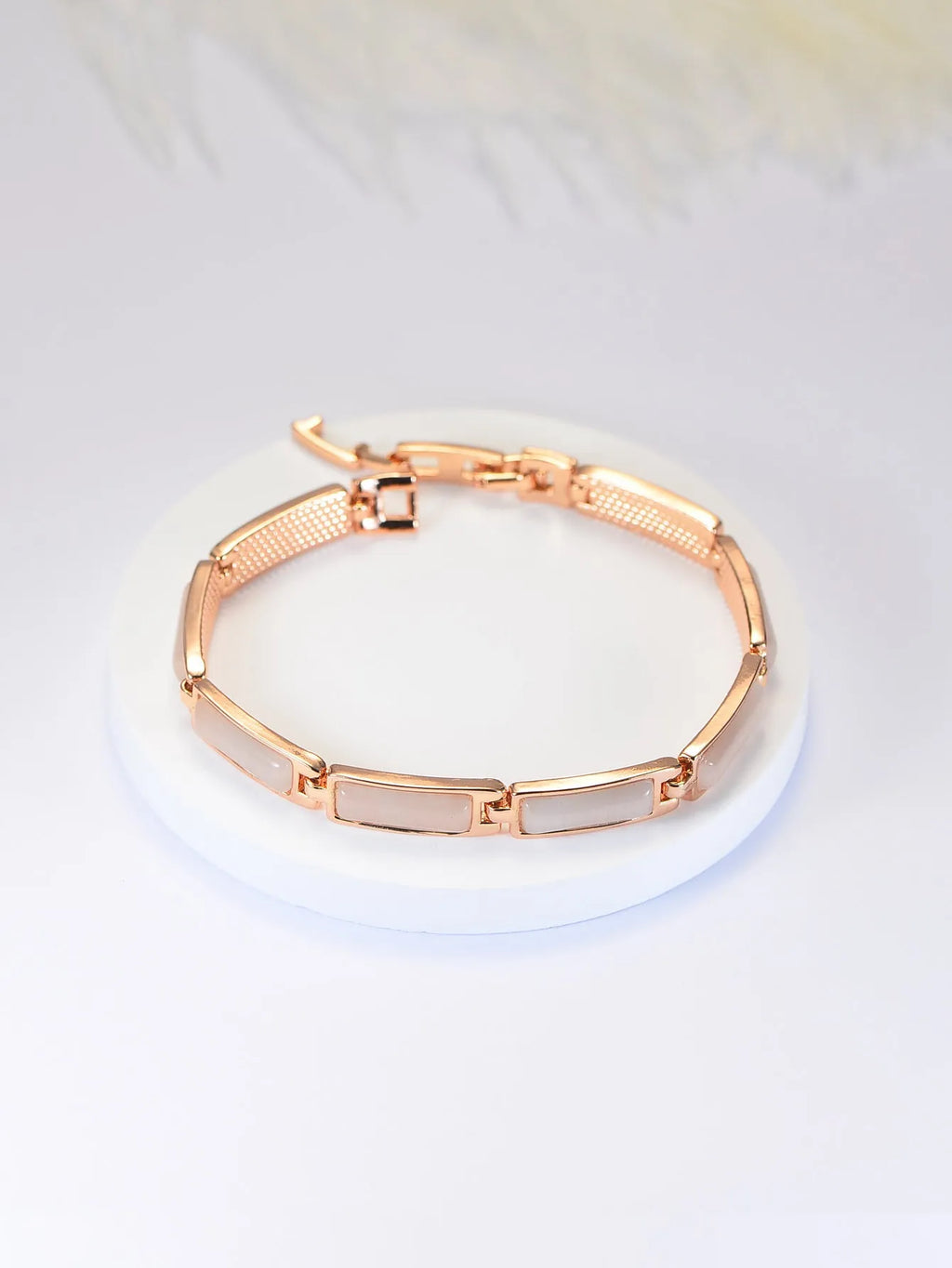 Geometric rose gold alloy bracelet with gemstone inlay for women, quadrilateral shape