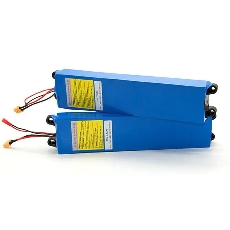 36V lithium-ion electric scooter battery pack showing three capacity options: 6.6Ah, 7.8Ah, and 10.4Ah
