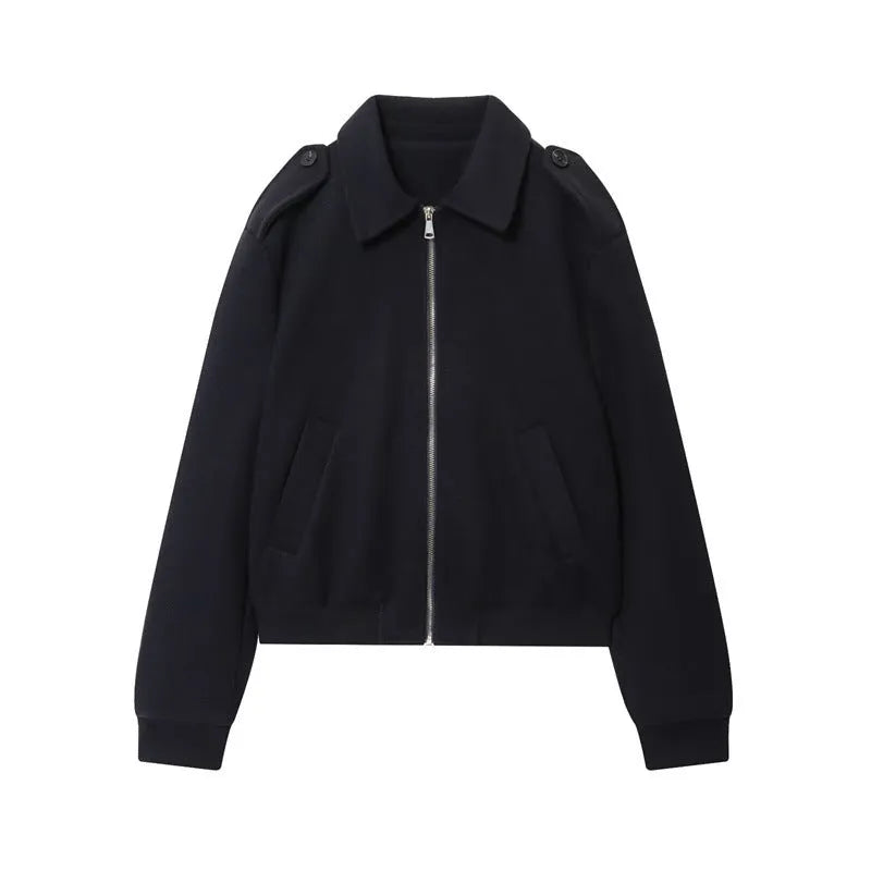 Women's navy blue PU turn-down collar coat with zipper front and long sleeves, casual medium-thickness jacket
