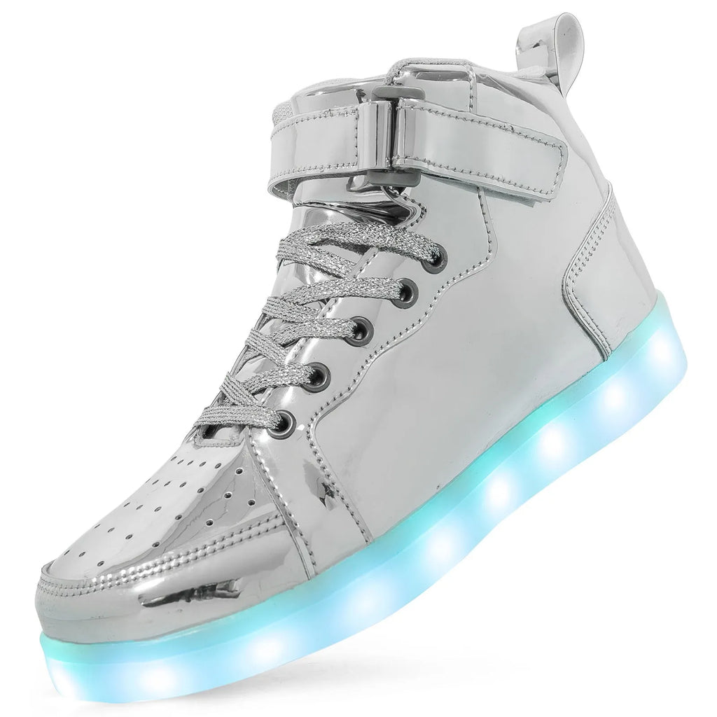 Unisex black LED high-top light shoes with Velcro strap and glowing sole.