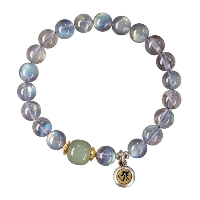 Moonstone women's bracelet with 8mm beads showing Thousand-Hand Kwan-yin mouse zodiac design and electroplated metallic finish