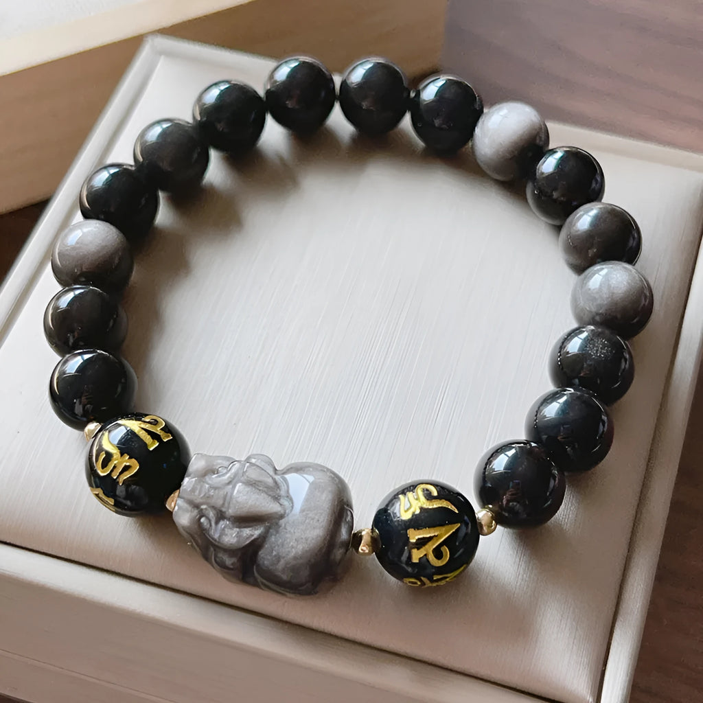 Men's silver stone bracelet with Chinese zodiac design and natural stone beads