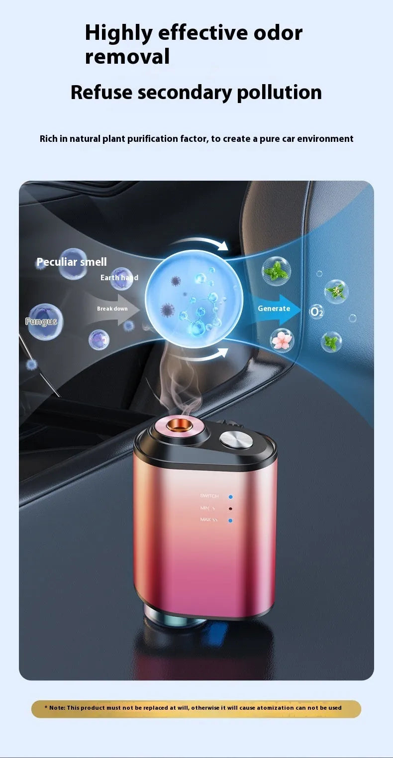 Black car aromatherapy smart fragrance diffuser with ocean scent bottle next to it