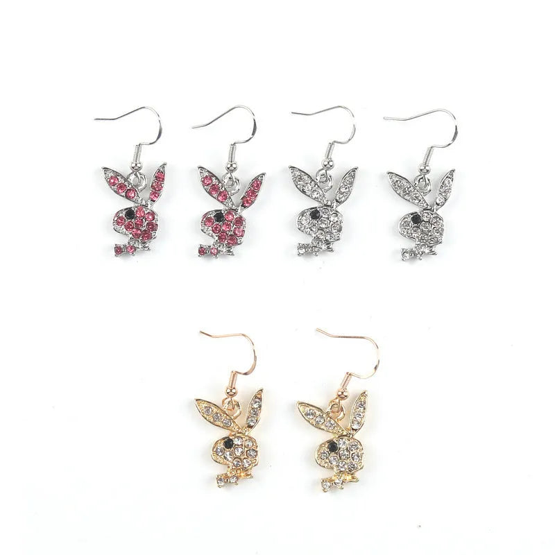 Cute full diamond rabbit stud earrings in silver, pink, or gold colour options.