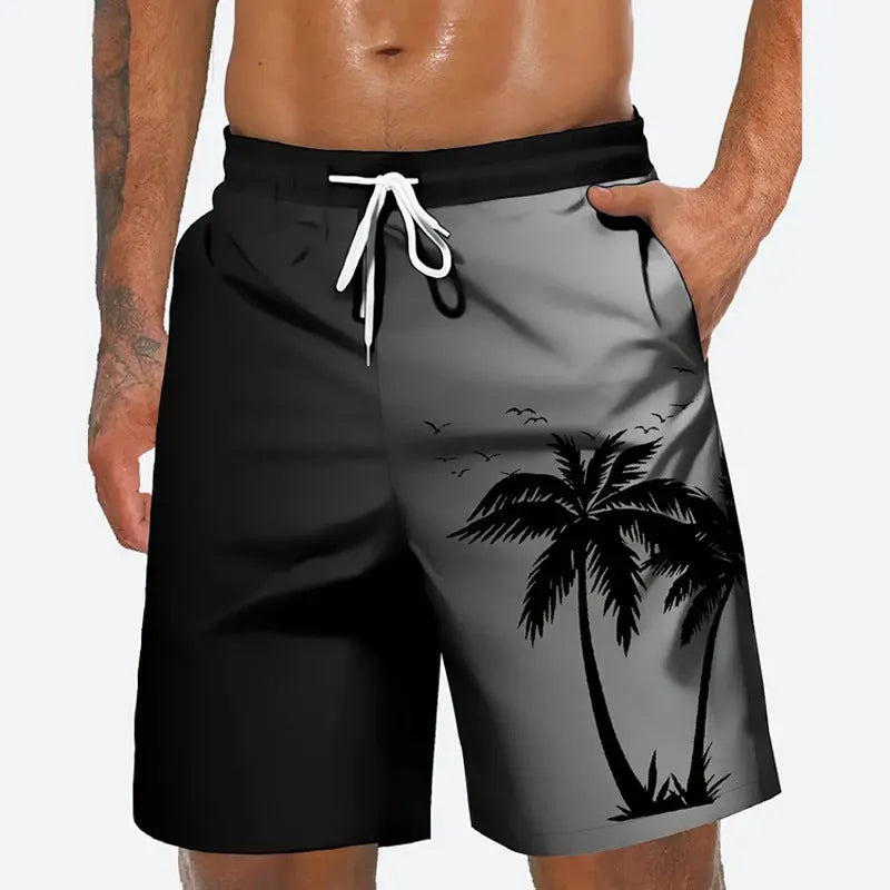 Men's loose-fit polyester beach shorts shown in one of 11 colour options, sizes up to 5XL.