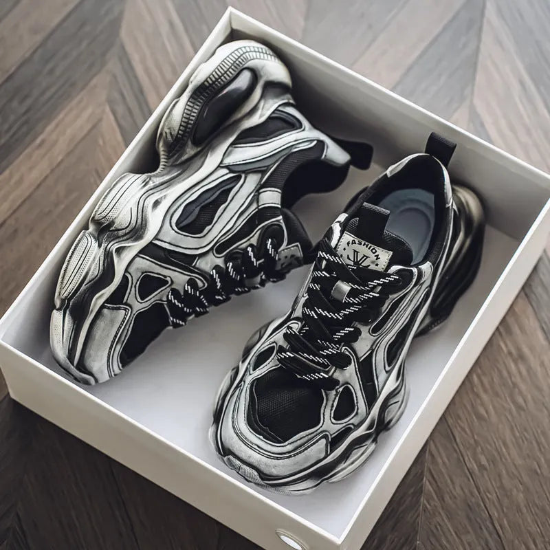 Men's black mesh casual sneakers with cross-strap detail and a platform rubber sole.