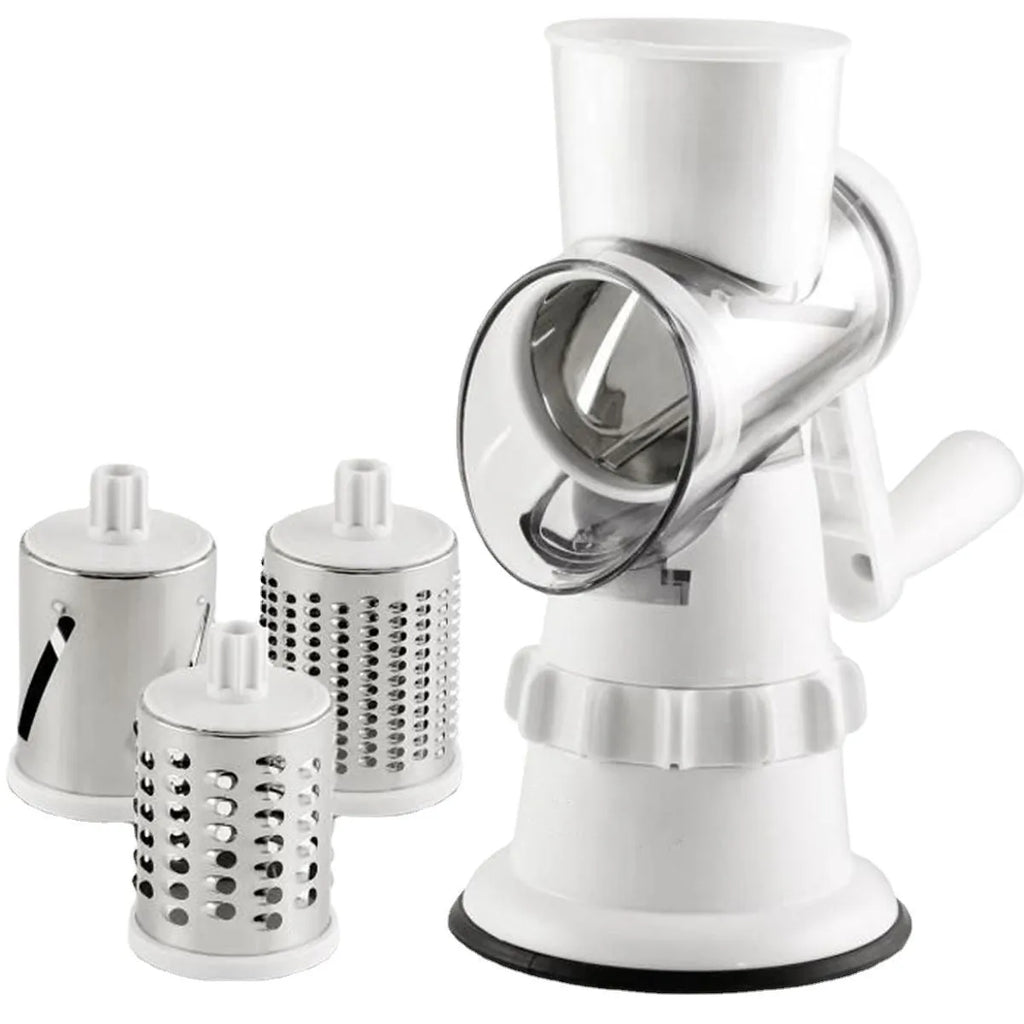 White 3-in-1 vegetable slicer manual kitchen gadget with suction feet and stainless steel blades