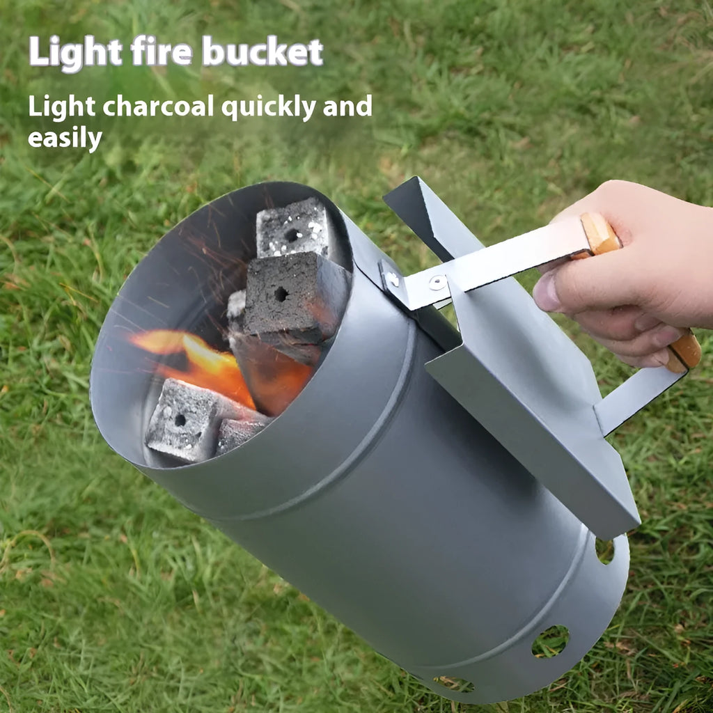 Zinc-iron alloy charcoal fire starter igniter with point carbon barrel design for outdoor barbecues.